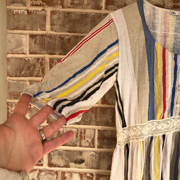 ZARA Combined Striped Lace Boho Mod MIDI Dress M - Picture 11 of 15